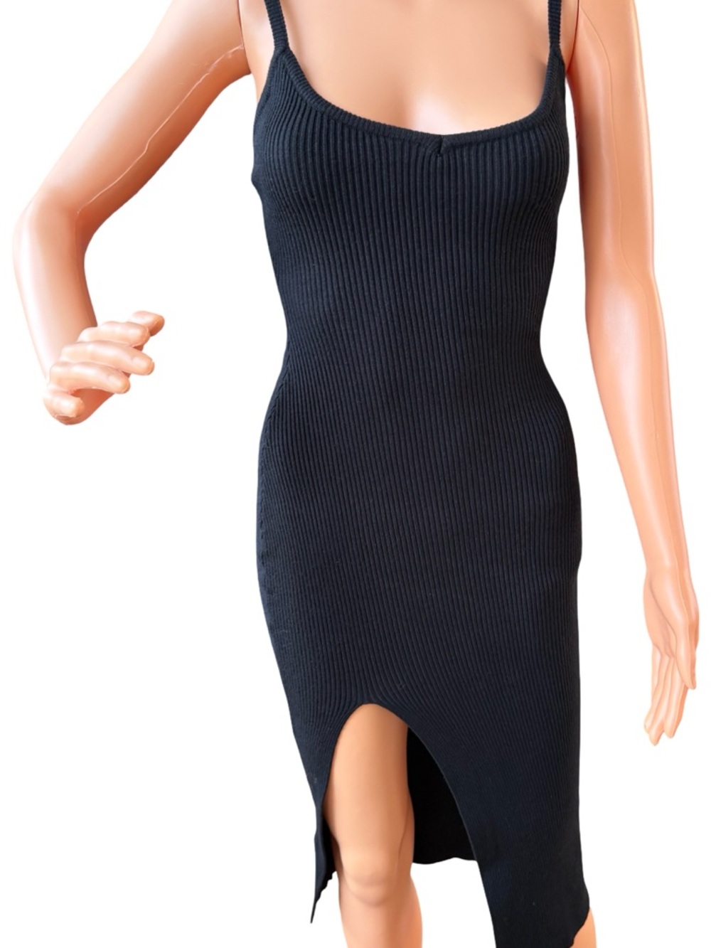 Windsor Black Ribbed Midi Slip Dress with Front Slit